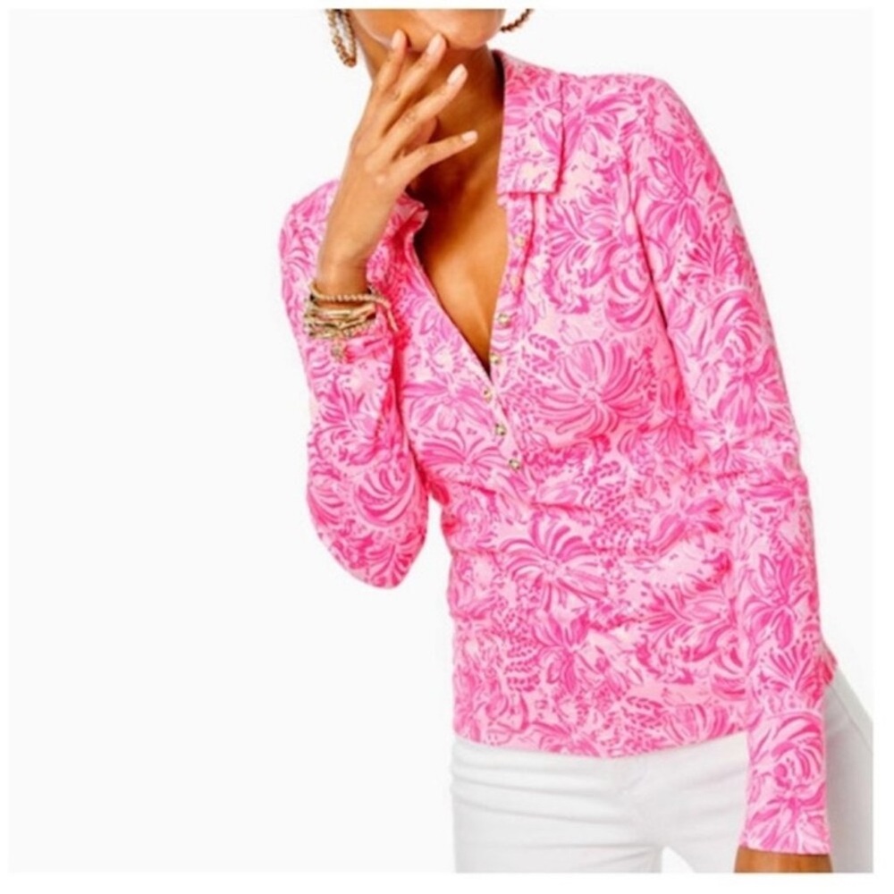 LILLY PULITZER Reema Polo Top In Pink Blossom Foxy Llama size XL‎ NWT